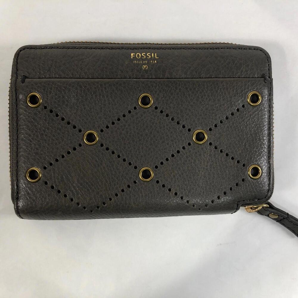Fossil Women's Zip Around Wallet Gray Leather Grommet Perforated SWL 1250